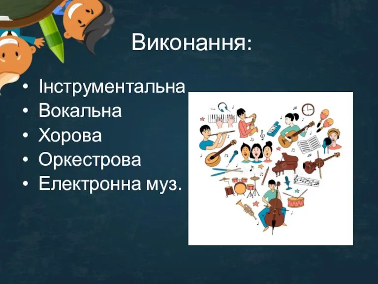 Виконання: Інструментальна Вокальна Хорова Оркестрова Електронна муз.