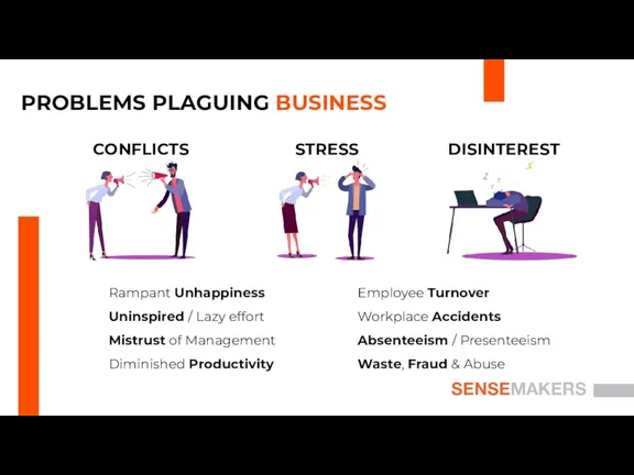 4 2. 3. PROBLEMS PLAGUING BUSINESS SENSEMAKERS CONFLICTS STRESS DISINTEREST Rampant Unhappiness