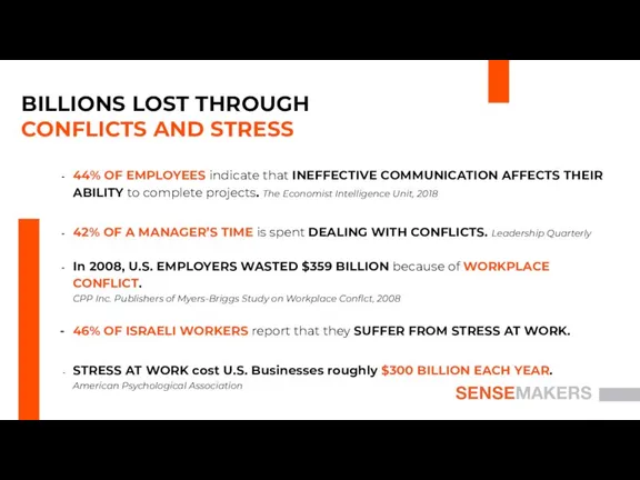 4 2. 3. BILLIONS LOST THROUGH CONFLICTS AND STRESS SENSEMAKERS 44% OF