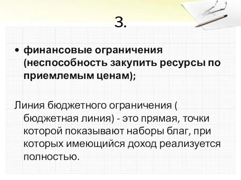 3. финансовые ограничения (неспособность закупить ресурсы по приемлемым ценам); Линия бюджетного ограничения