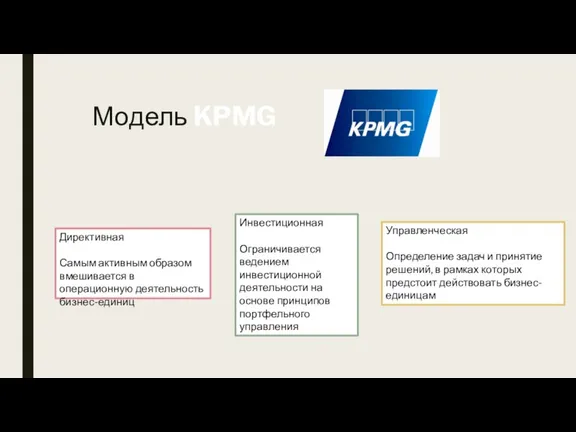 Модель KPMG Директивная Самым активным образом вмешивается в операционную деятельность бизнес-единиц Управленческая