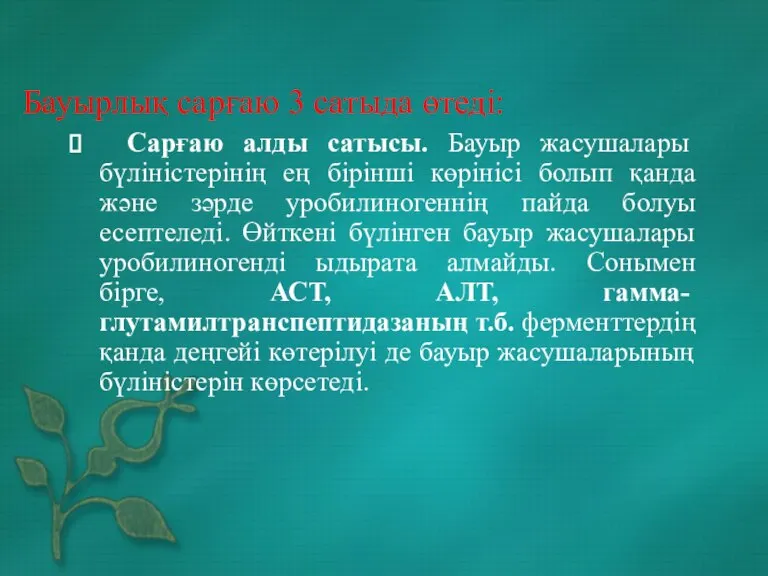 Бауырлық сарғаю 3 сатыда өтеді: Сарғаю алды сатысы. Бауыр жасушалары бүліністерінің ең