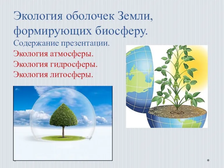 Экология оболочек Земли, формирующих биосферу. Содержание презентации. Экология атмосферы. Экология гидросферы. Экология литосферы.