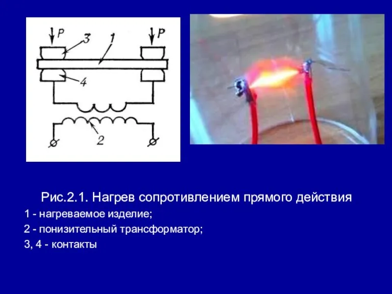 Рис.2.1. Нагрев сопротивлением прямого действия 1 - нагреваемое изделие; 2 - понизительный