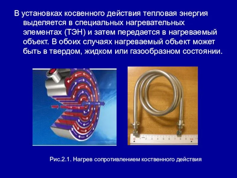 В установках косвенного действия тепловая энергия выделяется в специальных нагревательных элементах (ТЭН)