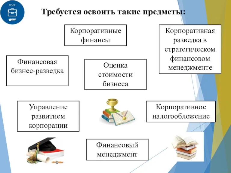 Требуется освоить такие предметы: Корпоративные финансы Финансовая бизнес-разведка Управление развитием корпорации Финансовый