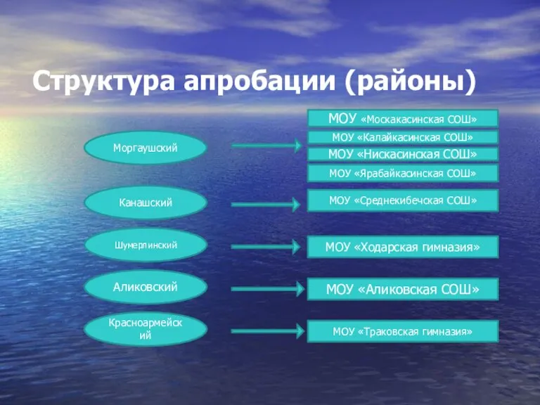 Структура апробации (районы) Моргаушский Канашский Аликовский Шумерлинский Красноармейский МОУ «Москакасинская СОШ» МОУ