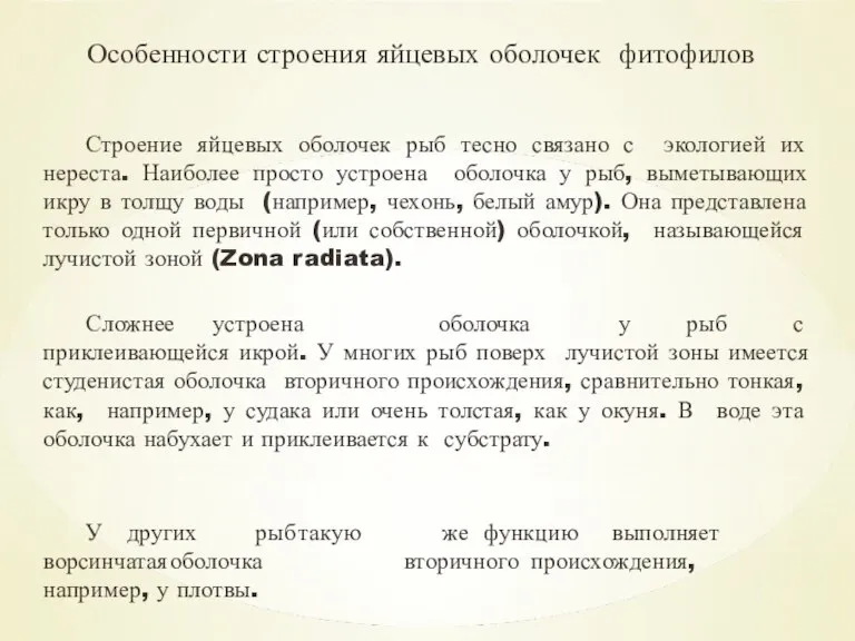 Особенности строения яйцевых оболочек фитофилов Строение яйцевых оболочек рыб тесно связано с