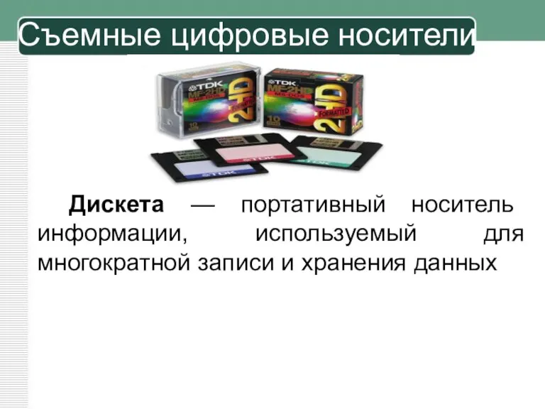 Дискета — портативный носитель информации, используемый для многократной записи и хранения данных Съемные цифровые носители