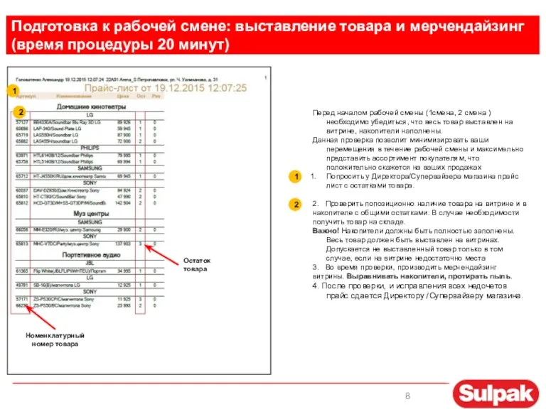 Подготовка к рабочей смене: выставление товара и мерчендайзинг (время процедуры 20 минут)