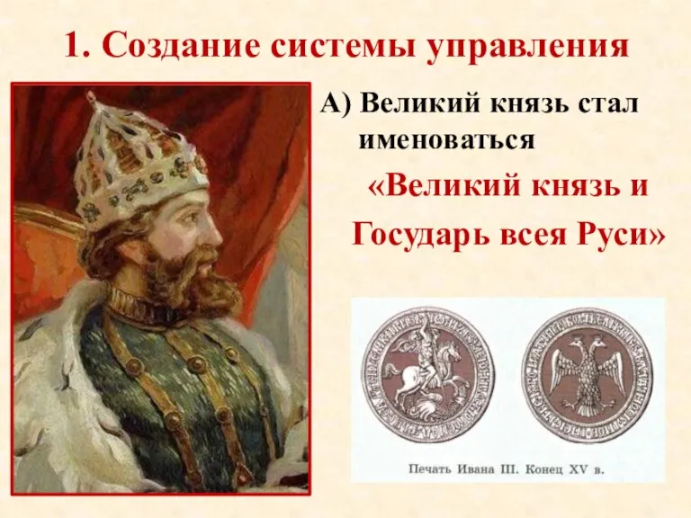 1. Создание системы управления А) Великий князь стал именоваться «Великий князь и Государь всея Руси»