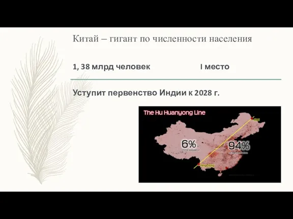 Китай – гигант по численности населения 1, 38 млрд человек I место