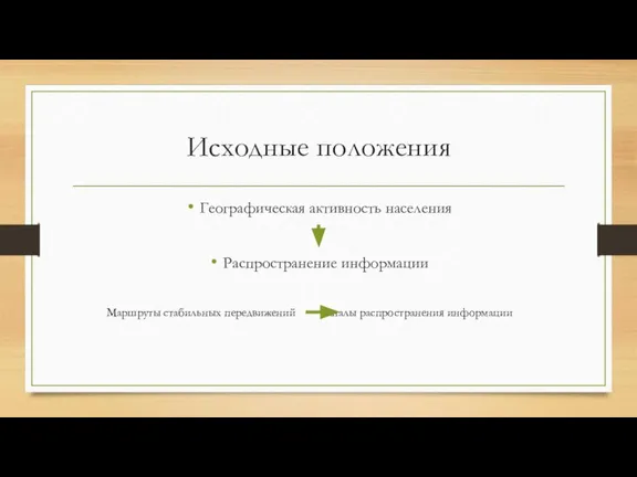 Исходные положения Географическая активность населения Распространение информации Маршруты стабильных передвижений каналы распространения информации