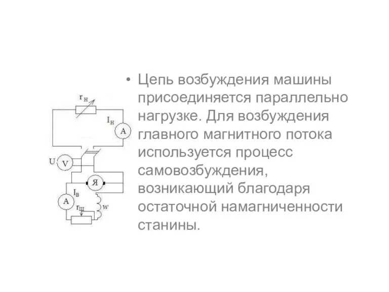 Цепь возбуждения машины присоединяется параллельно нагрузке. Для возбуждения главного магнитного потока используется