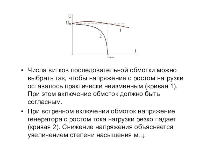 Числа витков последовательной обмотки можно выбрать так, чтобы напряжение с ростом нагрузки