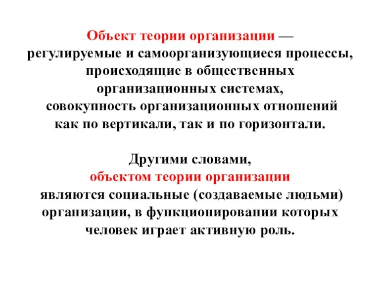 Объект теории организации — регулируемые и самоорганизующиеся процессы, происходящие в общественных организационных