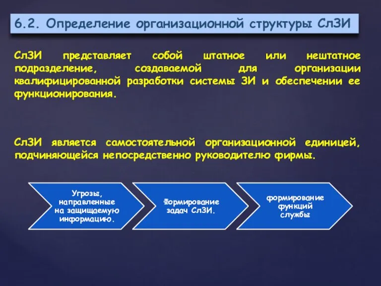 6.2. Определение организационной структуры СлЗИ СлЗИ представляет собой штатное или нештатное подразделение,