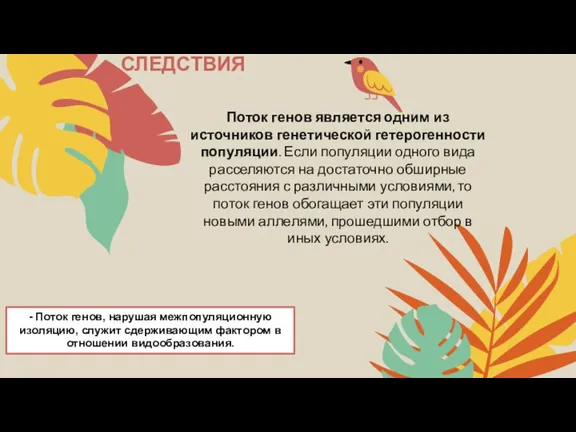 СЛЕДСТВИЯ Поток генов является одним из источников генетической гетерогенности популяции. Если популяции