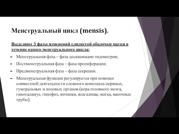 Менструальный цикл (mensis). Выделяют 3 фазы изменений слизистой оболочки матки в течение