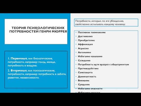 ТЕОРИЯ ПСИХОЛОГИЧЕСКИХ ПОТРЕБНОСТЕЙ ГЕНРИ МЮРРЕЯ Пассивное повиновение Достижения Приобретение Аффилиация Агрессия Автономия