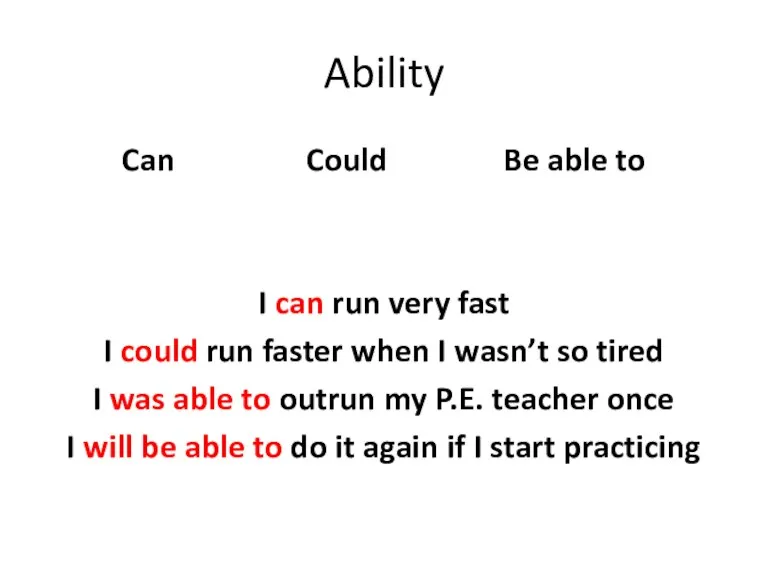 Ability Can Could Be able to I can run very fast I