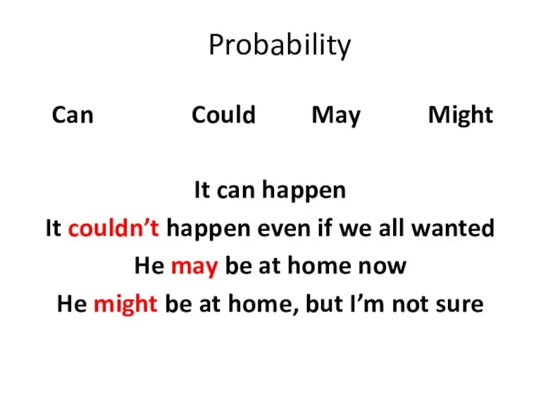 Probability Can Could May Might It can happen It couldn’t happen even