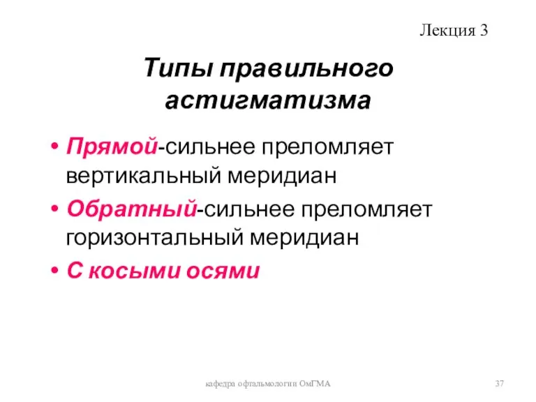 Типы правильного астигматизма Прямой-сильнее преломляет вертикальный меридиан Обратный-сильнее преломляет горизонтальный меридиан С