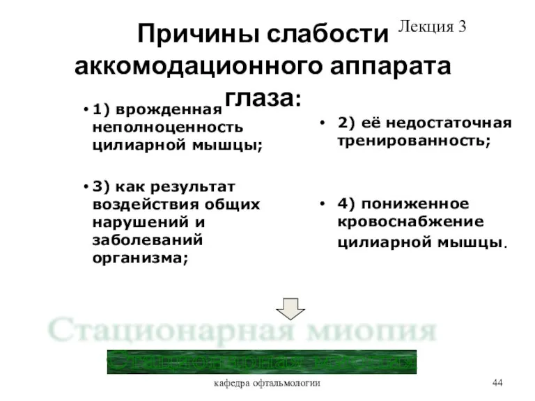 кафедра офтальмологии Причины слабости аккомодационного аппарата глаза: 1) врожденная неполноценность цилиарной мышцы;