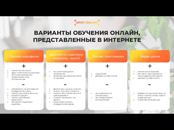 ВАРИАНТЫ ОБУЧЕНИЯ ОНЛАЙН, ПРЕДСТАВЛЕННЫЕ В ИНТЕРНЕТЕ Онлайн марафоны четкая сегментация; ведут именитые