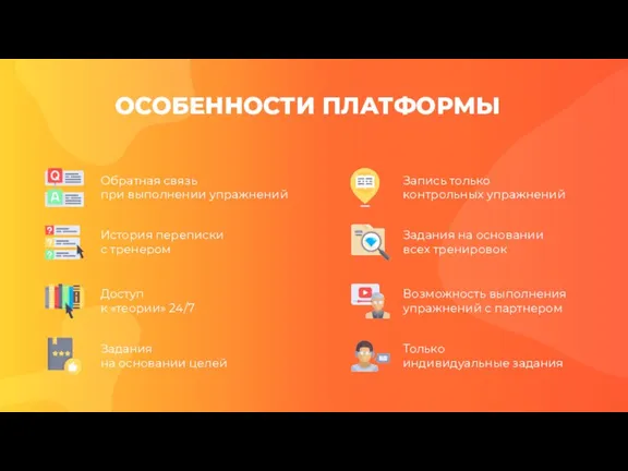 ОСОБЕННОСТИ ПЛАТФОРМЫ Обратная связь при выполнении упражнений История переписки с тренером Доступ