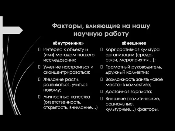 Факторы, влияющие на нашу научную работу «Внутренние» Интерес к объекту и (или)