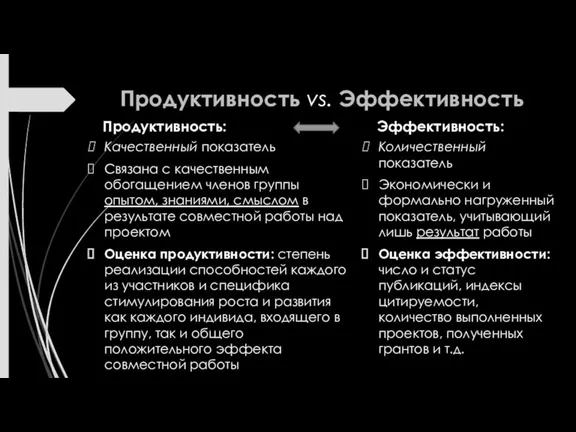 Продуктивность vs. Эффективность Продуктивность: Качественный показатель Связана с качественным обогащением членов группы