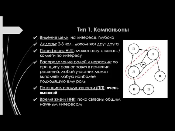 Тип 1. Компаньоны Видение цели: на интересе, глубоко Лидеры: 2-3 чел., дополняют