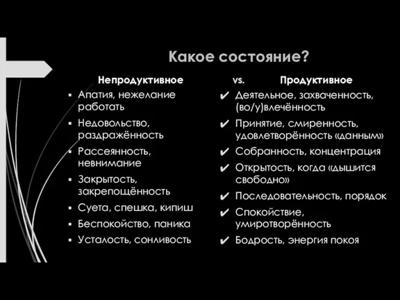 Какое состояние? Продуктивное Апатия, нежелание работать Недовольство, раздражённость Рассеянность, невнимание Закрытость, закрепощённость