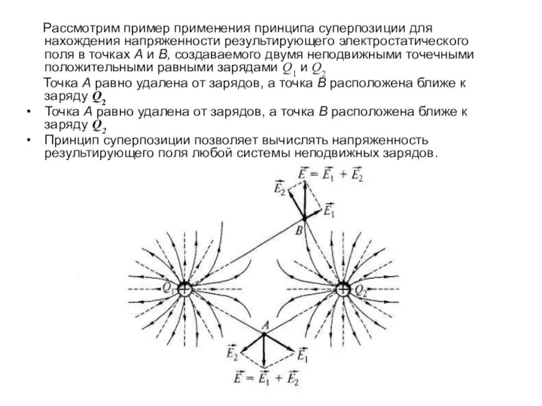Рассмотрим пример применения принципа суперпозиции для нахождения напряженности результирующего электростатического поля в