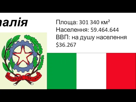 Італія Площа: 301 340 км² Населення: 59.464.644 ВВП: на душу населення $36.267