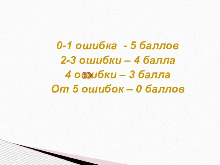 0-1 ошибка - 5 баллов 2-3 ошибки – 4 балла 4 ошибки