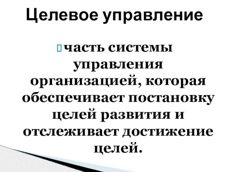 часть системы управления организацией, которая обеспечивает постановку целей развития и отслеживает достижение целей. Целевое управление