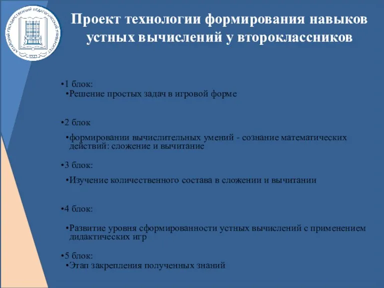 Проект технологии формирования навыков устных вычислений у второклассников 1 блок: Решение простых