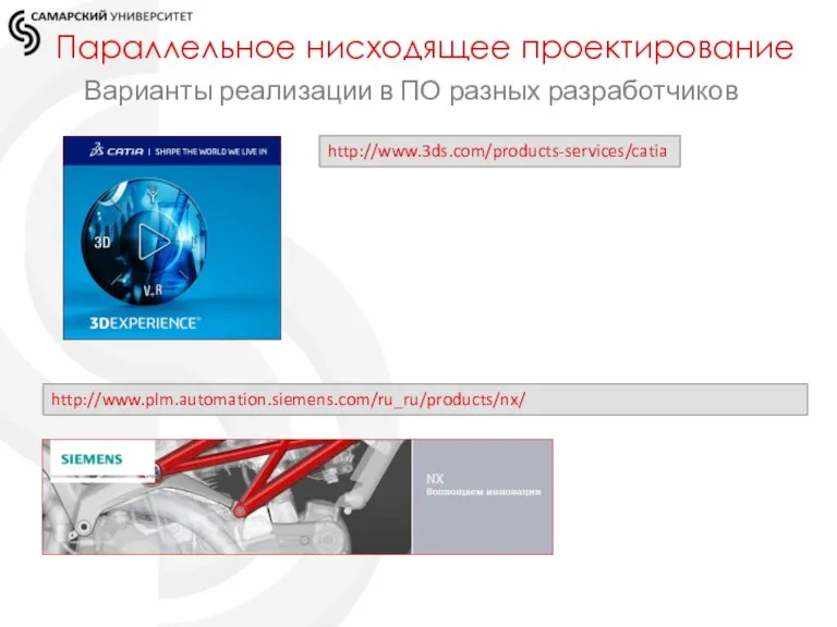 Параллельное нисходящее проектирование Варианты реализации в ПО разных разработчиков http://www.3ds.com/products-services/catia http://www.plm.automation.siemens.com/ru_ru/products/nx/