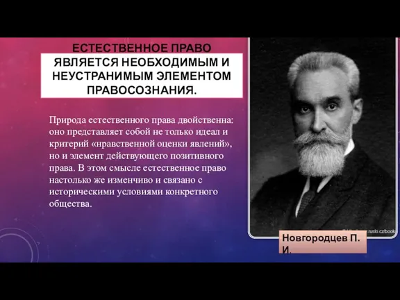 ЕСТЕСТВЕННОЕ ПРАВО ЯВЛЯЕТСЯ НЕОБХОДИМЫМ И НЕУСТРАНИМЫМ ЭЛЕМЕНТОМ ПРАВОСОЗНАНИЯ. Новгородцев П.И. Природа естественного