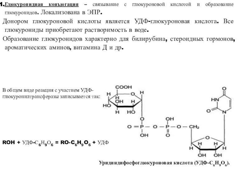 Глюкуронидная конъюгация – связывание с глюкуроновой кислотой и образование глюкуронидов. Локализована в