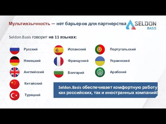 Мультиязычность — нет барьеров для партнерства Seldon.Basis говорит на 11 языках: Русский