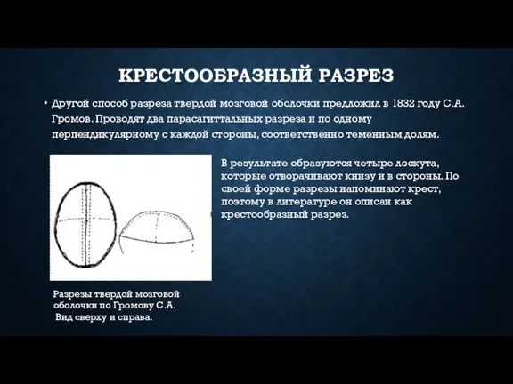 КРЕСТООБРАЗНЫЙ РАЗРЕЗ Другой способ разреза твердой мозговой оболочки предложил в 1832 году