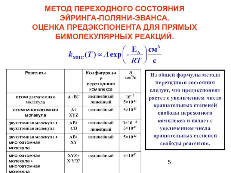 МЕТОД ПЕРЕХОДНОГО СОСТОЯНИЯ ЭЙРИНГА-ПОЛЯНИ-ЭВАНСА. ОЦЕНКА ПРЕДЭКСПОНЕНТА ДЛЯ ПРЯМЫХ БИМОЛЕКУЛЯРНЫХ РЕАКЦИЙ. Из общей