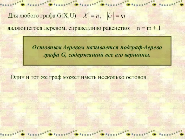 Для любого графа G(X,U) Остовным деревом называется подграф-дерево графа G, содержащий все