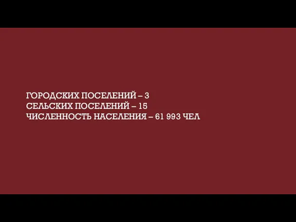 ГОРОДСКИХ ПОСЕЛЕНИЙ – 3 СЕЛЬСКИХ ПОСЕЛЕНИЙ – 15 ЧИСЛЕННОСТЬ НАСЕЛЕНИЯ – 61 993 ЧЕЛ