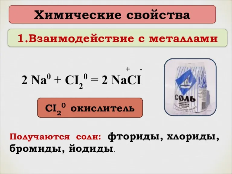 1.Взаимодействие с металлами Химические свойства 2 Na0 + CI20 = 2 NaCI