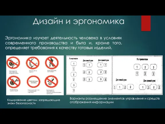 Дизайн и эргономика Эргономика изучает деятельность человека в условиях современного производства и