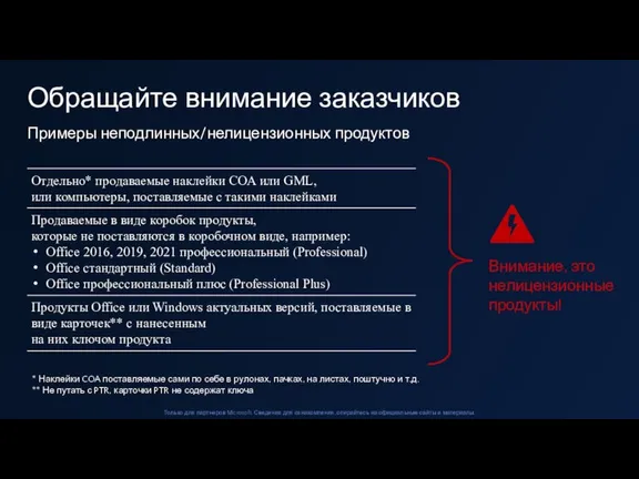 Примеры неподлинных/нелицензионных продуктов Обращайте внимание заказчиков * Наклейки COA поставляемые сами по